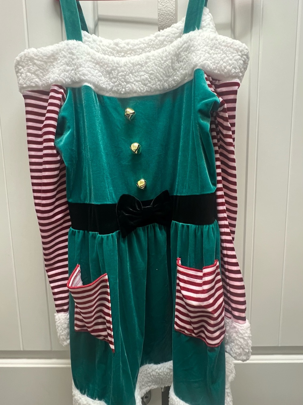 Holiday Teal Velvet Elf Dress with Striped Sleeves